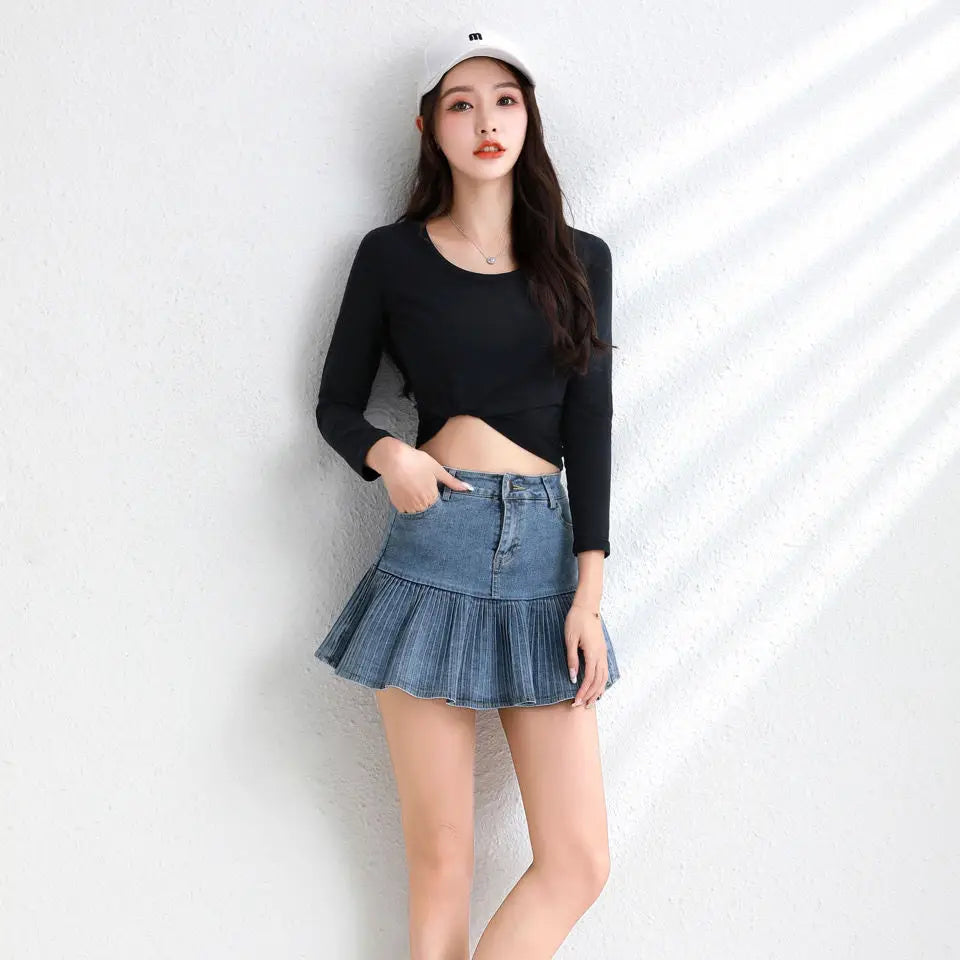 Jeans Mini Skirt Goth Denim Pleated Skirts with Big Pockets Women Girl Summer Punk Y2K Black Faldas High Waist Korean Fashion