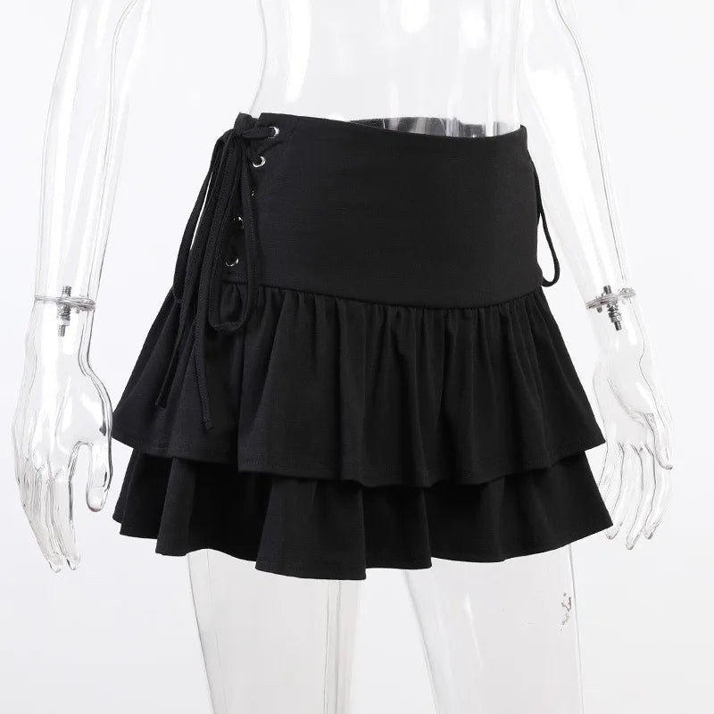 HOUZHOU Y2K Black Skirt Women Streetwear Gothic Harajuku Ruffle High Waist Bandage A-line Mini Skirt Goth Punk Grunge Clothes