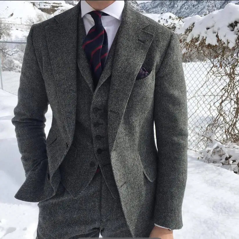 Gray Wool Tweed Winter Suit for Men Herringbone Slim Fit Formal Groom Tuxedo 3 Piece Wedding Male Suits (Jacket+Vest+Pants)