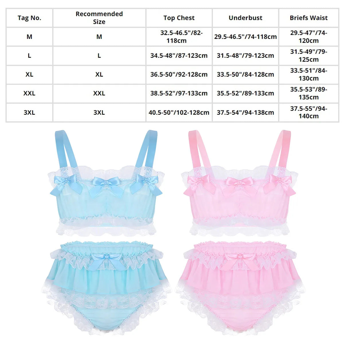 Mens Lingerie Set Sissy Satin Bra +Panties Frilly Bowknot Ruffled Lace Sleepwear Nightdress Gay Male Crossdress Underwear Set