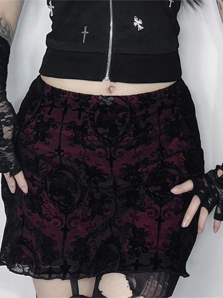 InsGoth Velvet Lace Skirts for Women High Waist Gothic Vintage Ruffle Skirt Y2k Punk Goth Party Skirt Fairy Grunge Mini Skirt