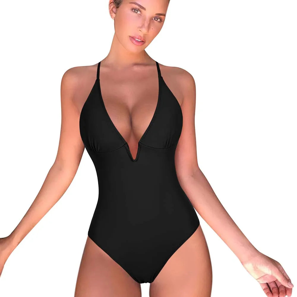 One Piece Swimsuit Women Push Up Beachwear Monokini Plus Size V-Neck Bikini Solid Bathing Suits Swimwear Swimsuit Woman 2023 New