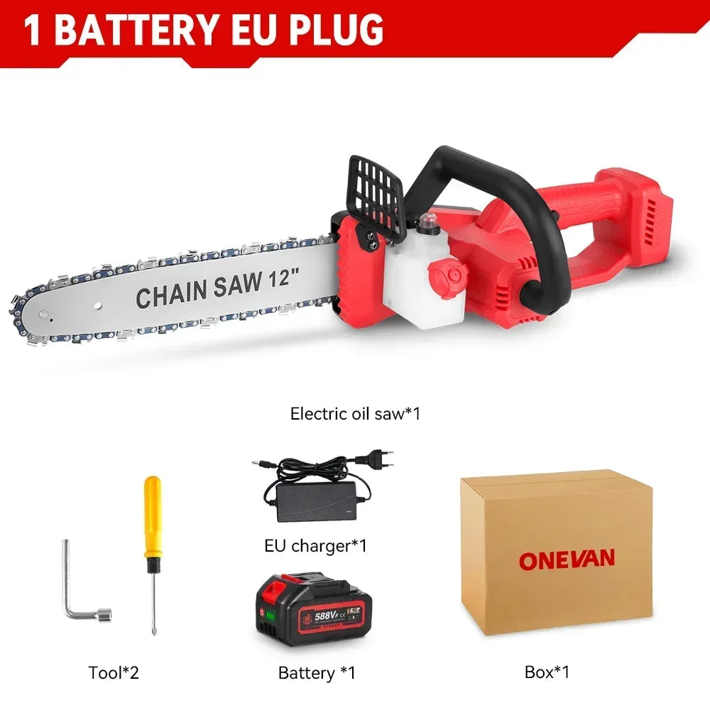 ONEVAN 12Inch Brushless Electric Chain Saw 6600W 20000RPM Cordless Handheld Chainsaw Graden Pruning Tools for Makita 18V Battery