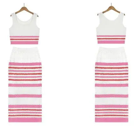 2 Pieces Set Women Sleeveless Knit Bikini Cover-up Crochet Swimsuit Crop Top Striped Skirt Swimwear High Waist Skirt Beach Dress