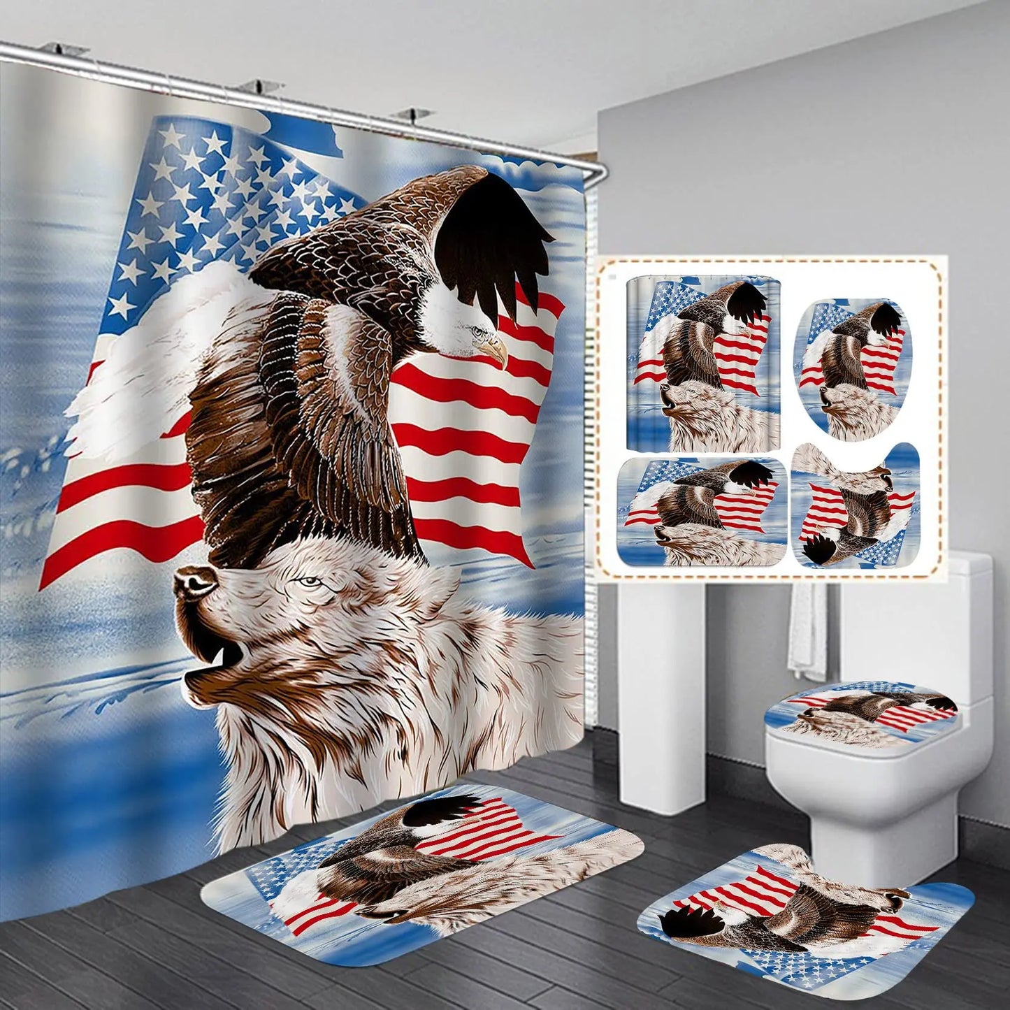 USA Flag American Bald Eagle Shower Curtain Set Non-Slip Rug Toilet Lid Cover Bath Mat Independence Day Patriotic Bathroom Sets