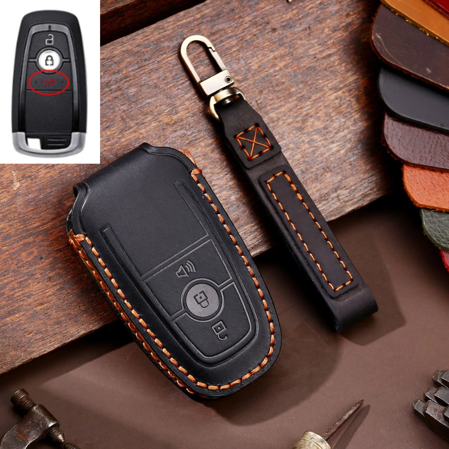 Leather Car Remote Key Case Cover For Ford Fusion Edge Mustang Explorer F150 F250 F350 Ecosport Protector Holder Shell Fob