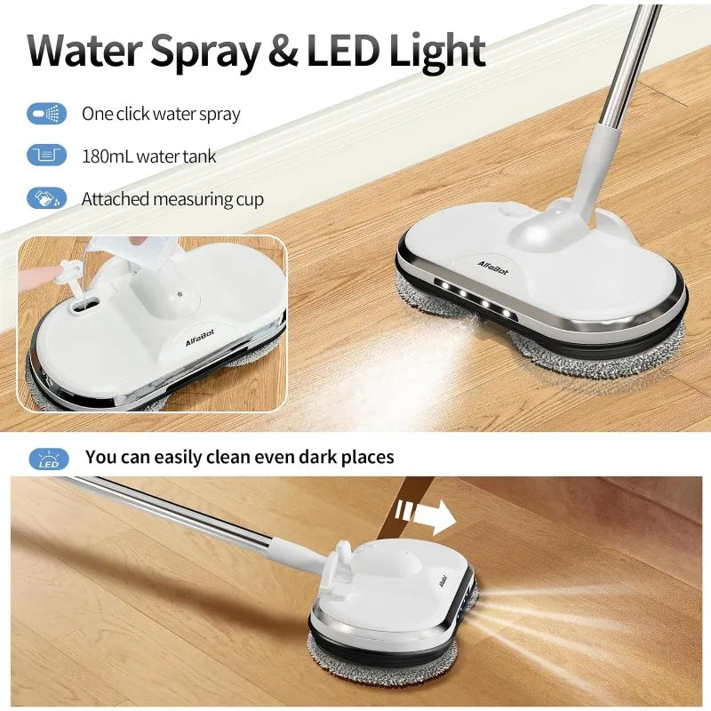 Cordless Electric Mop for Floor Cleaning, AlfaBot WS-24 Electric Spin Mop, Electric Mop with Water Sprayer and LED Headlight