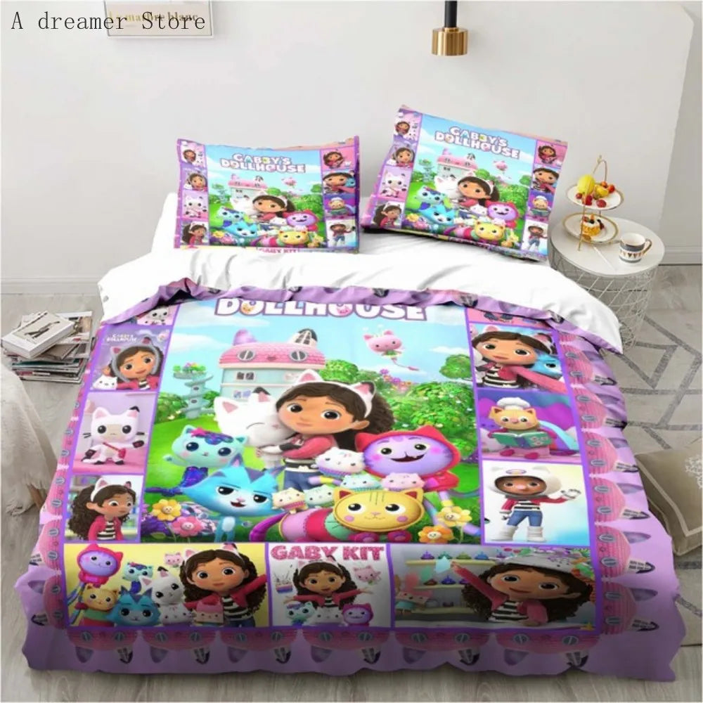 Gabbys Dollhouse Characters Bedding Set Cartoon Duvet Cover 2/3Pc Pink Bedclothes Single Double Queen King Size for Girl Bed Set