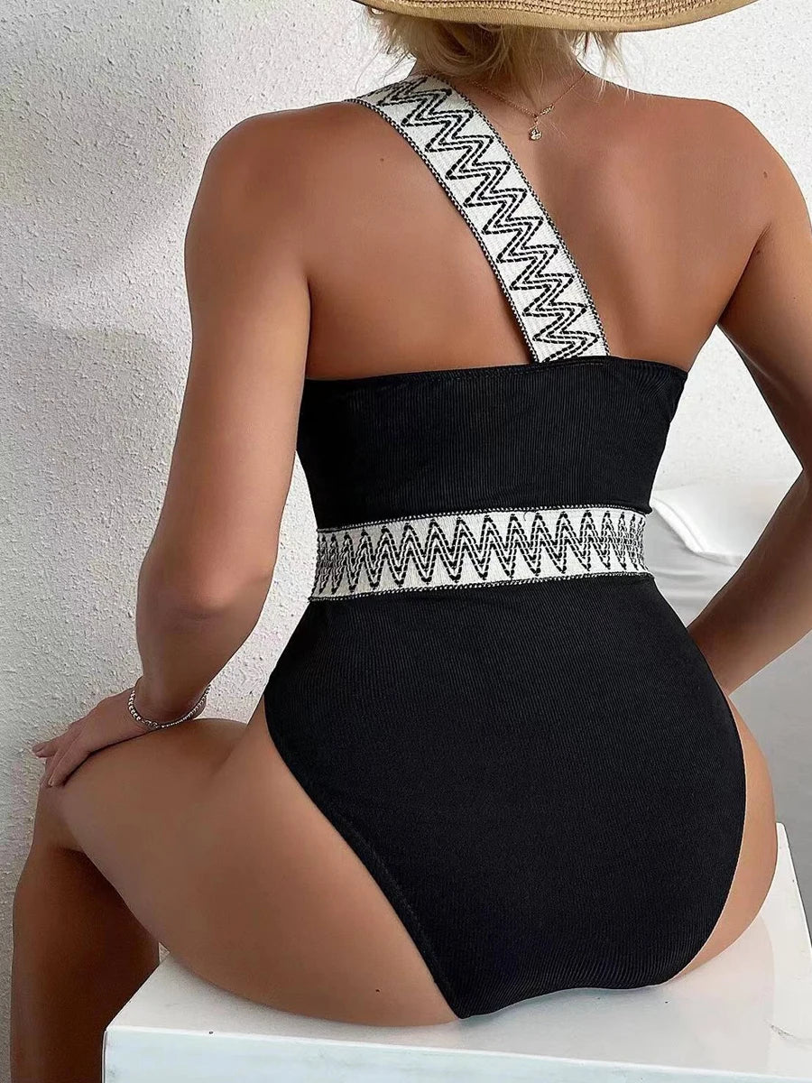 Swimsuit Women One Piece Padded   One Shoulder Bodysuit Solid Swimming Suit  Beachwear