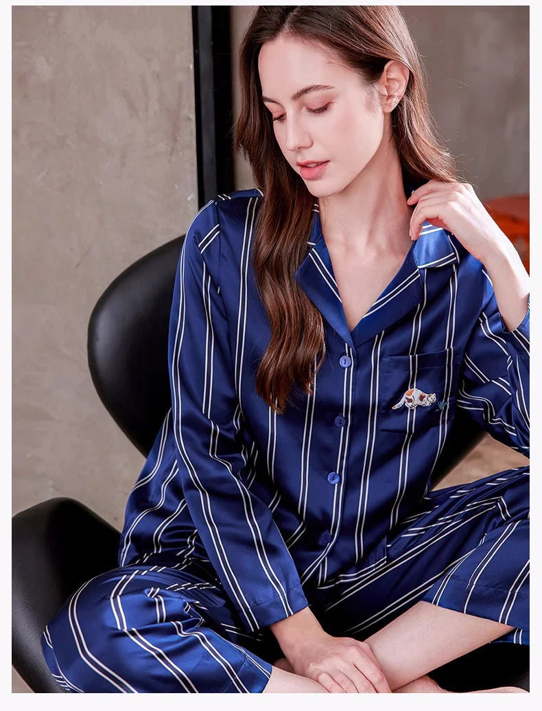 19MM pure silk pyjamas set stripe  lingerie 100% mulberry silk pajamas set luxury Sleepwear women's pajama pants Shirts