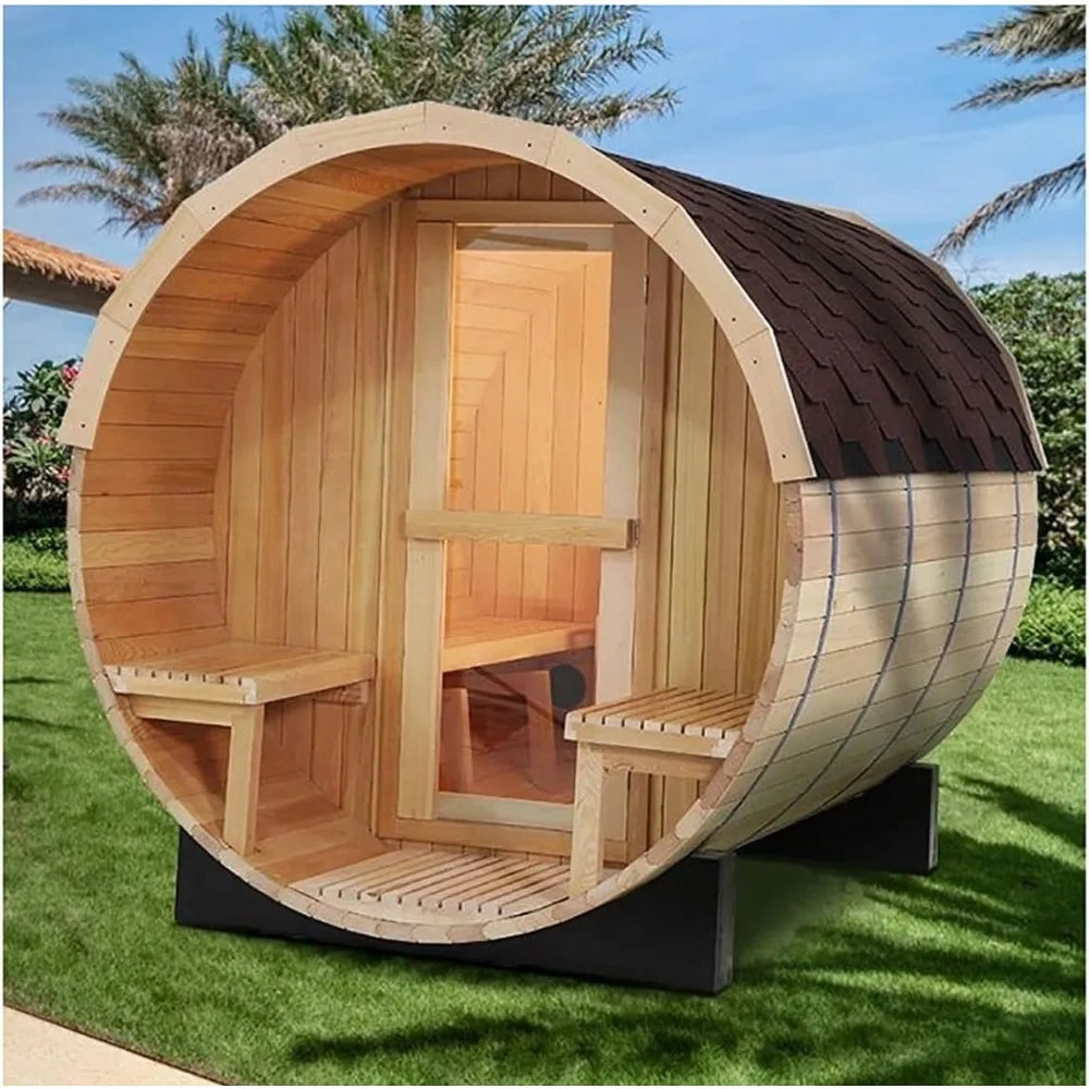 Outdoor Sauna Room with Porch，Wood Sauna Room with 6KW Electric Heater ，Sauna Stone，Accessories，6 Person Wooden Saunas