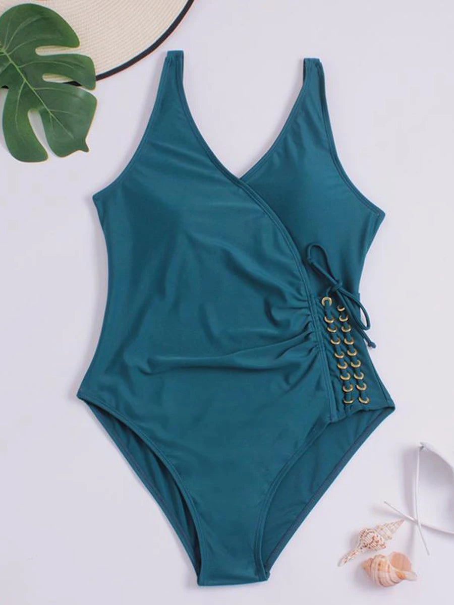 Solid Drawstring Swimsuit One Piece Swimwear Women Backless  Padded Beachwear Bodysuit