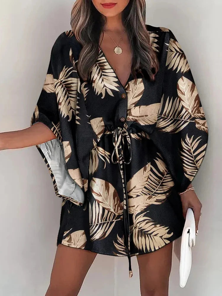 V-neck Flared Sleeve Cover Up For Woman Navy Loose Lace Up Holiday Beach 2024 Summer  Dress Beachwear Vestidos Verano Moda 2024