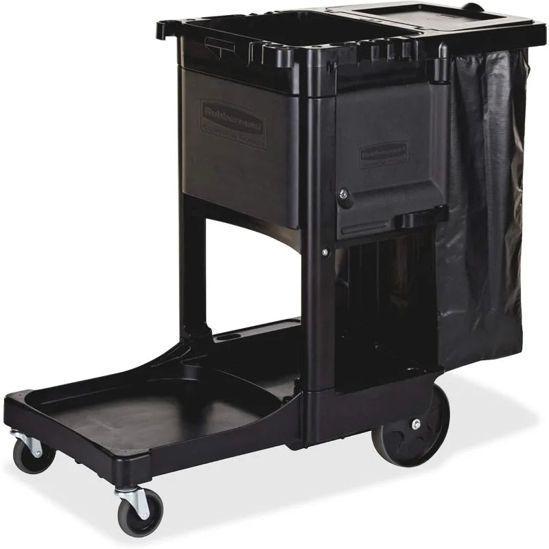 Housekeeping Cleaning Cart with Locking Cabinet, Wheeled with Zippered Black Vinyl Bag,Black,38"x21.8"x46"