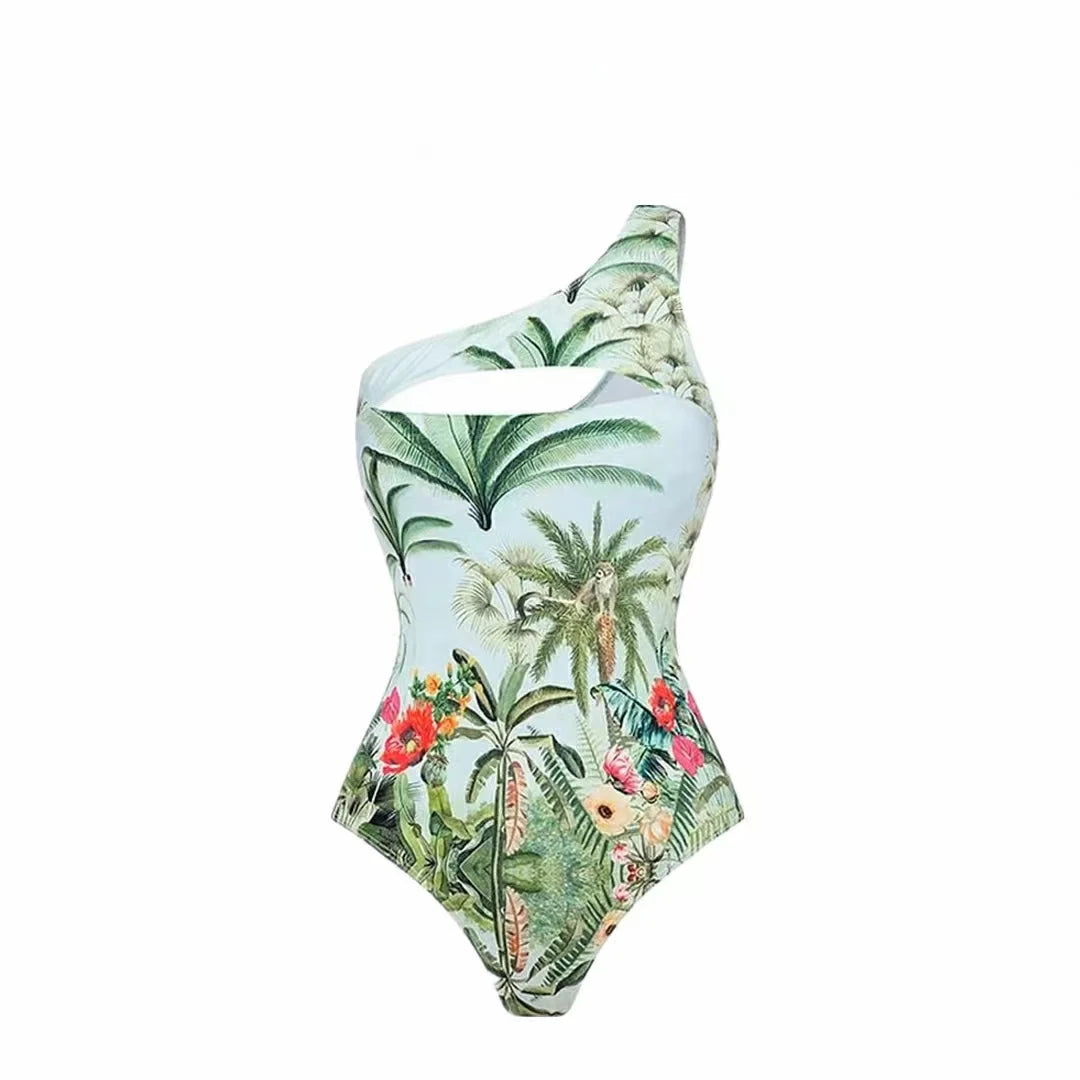 Tropical Print One Piece Swimsuit Cover Up Set Women Cutout Two Piece Swimwear Bikini Luxury Bathing Suit Beachwear