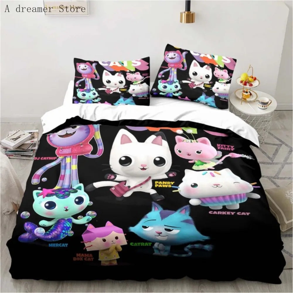 Gabbys Dollhouse Characters Bedding Set Cartoon Duvet Cover 2/3Pc Pink Bedclothes Single Double Queen King Size for Girl Bed Set