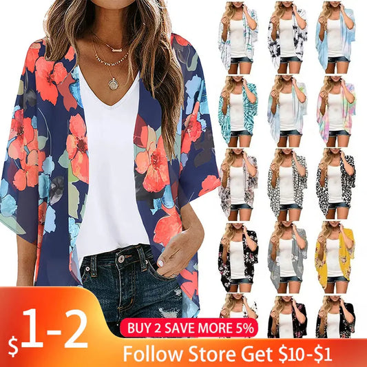 Long Flowy Kimono Cardigans Boho Chiffon Floral Beach Cover Up Tops Beachwear Hawaii Chiffon Cardigan Top