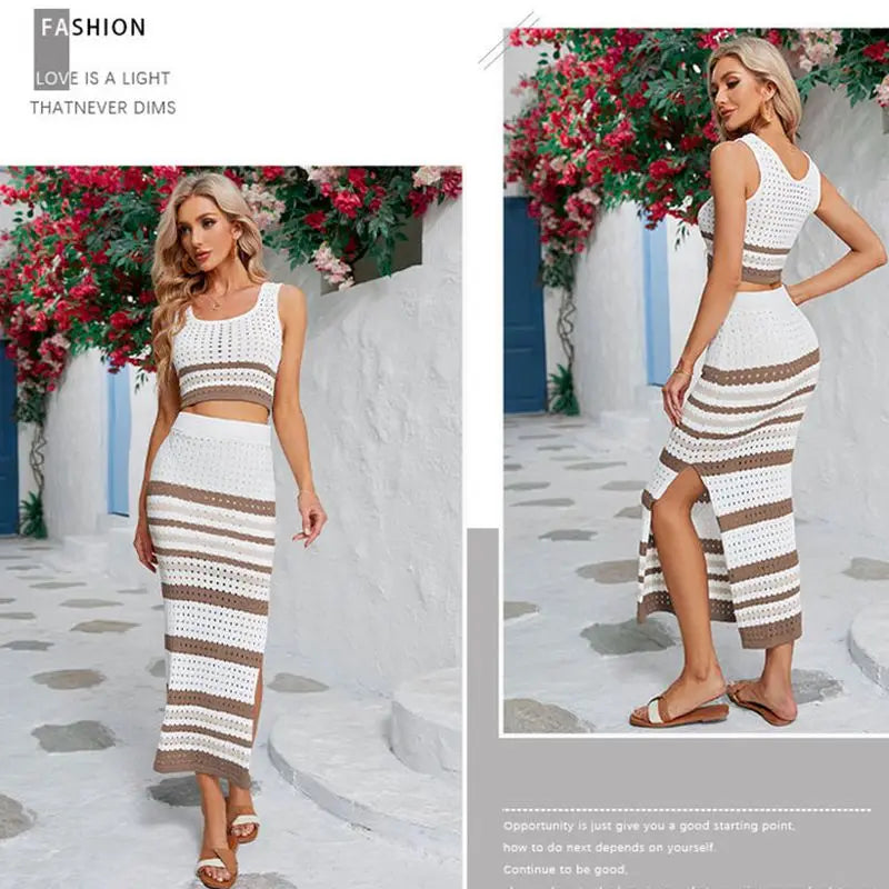 2 Pieces Set Women Sleeveless Knit Bikini Cover-up Crochet Swimsuit Crop Top Striped Skirt Swimwear High Waist Skirt Beach Dress