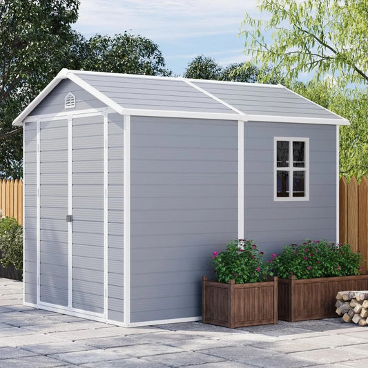 6 x 8 FT Plastic Outdoor Storage Shed with Floor, Resin Shed to Store Patio Furniture, Garden Tools Bike Accessories