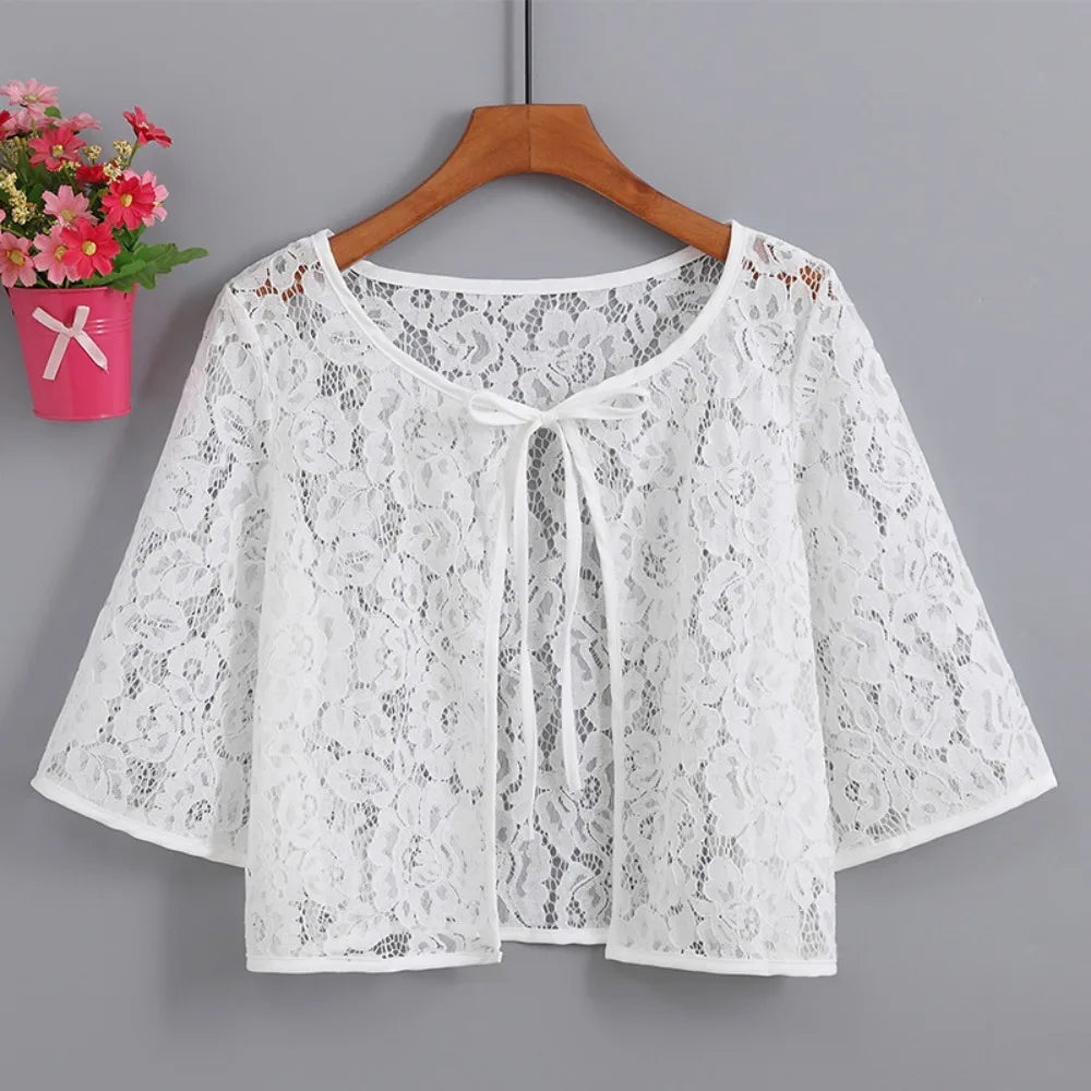 Flower Mesh Small Shawl Jacket Lace Up Transparent Lace Cardigan Shirt Short Sleeve Beachwear Sun Protection Cardigan Tops