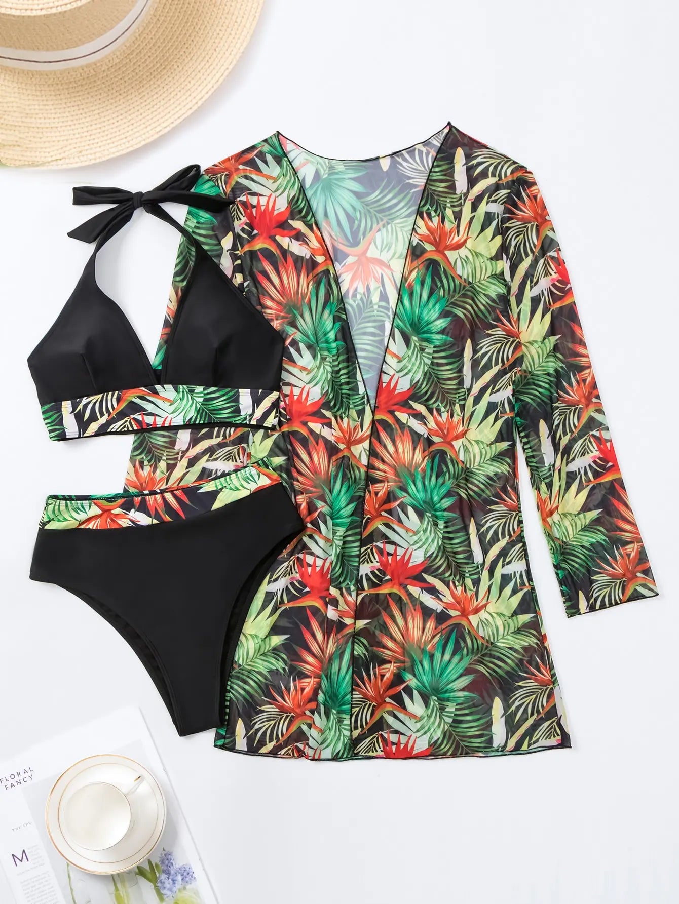 Halter Print Bikini 2024 Women Swimsuit With Kimono High Waist Swimwear Female Bathers Bathing Swimming Swim Suit Beachwear