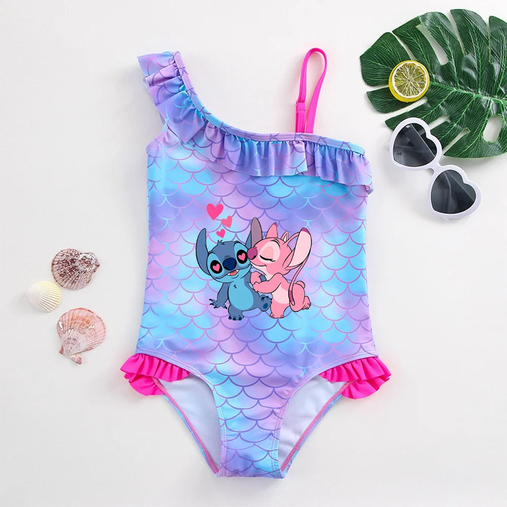 Stitch Girls Swimsuit Fashion Mermaid Fish Scale One-Piece Bathing Suits Children's Dresses Summer Swimwear Beach Suit Kids Wear