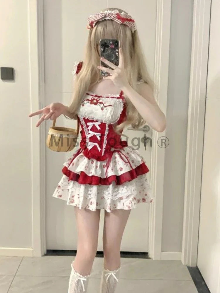 France Vintage Slim Square Neck Print 2 Piece Set Women Sweet Cute Lace Bow Patchwork Tops Female + High Waist Short Skirt 2024