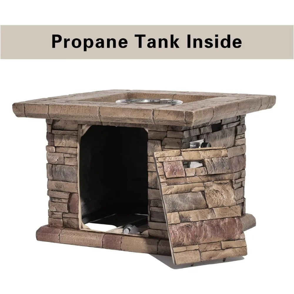 Outdoor Propane Fire Pit Table 32-inch Imitation Stone Square Concrete Propane Fire Pit with Lava Rocks and Rain Cover