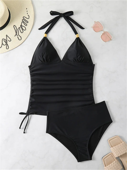 Two Pieces Set Bikini Tankini Swimsuit Women 2023 New Push Up Solid Black Swimwear Bathing Suit Female Brazilian Summer Beach