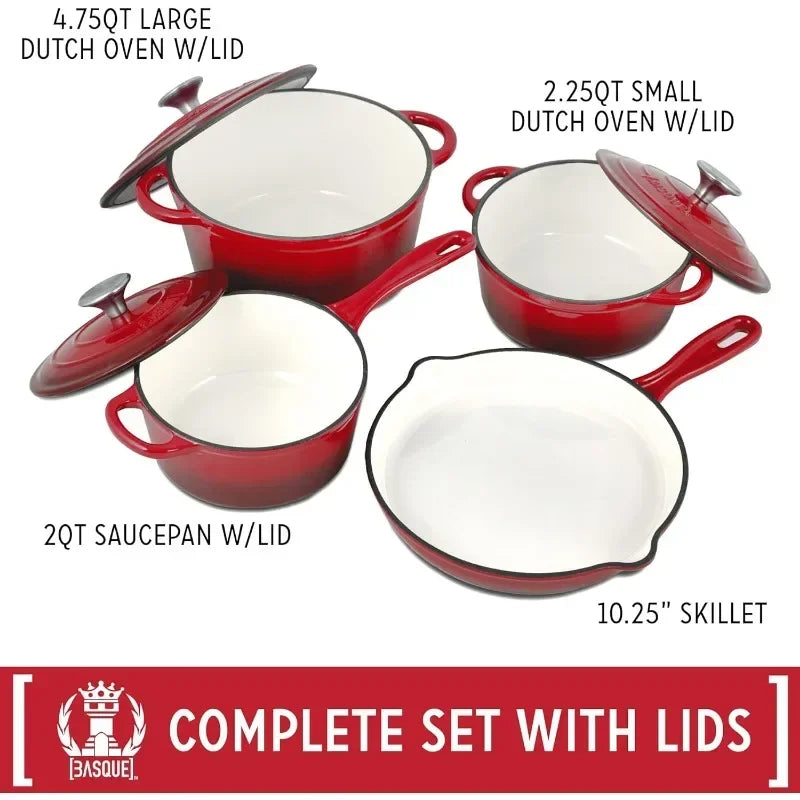 Basque Enameled Cast Iron Cookware Set (Rouge Red) Nonstick Oversized Handles Oven Safe 10.25/'' Skillet 2QT Saucepan