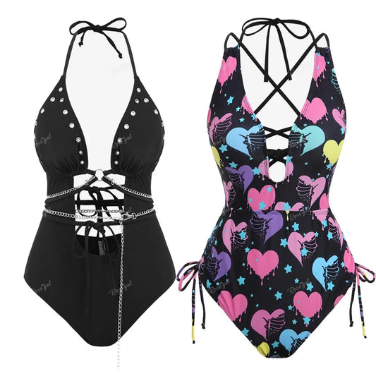 ROSEGAL Plus Size Gothic Women's One-Pieces Swimwears Summer Beachwear Bikinis Backless Hollow Out Halter Swimsuit