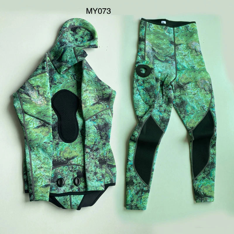 2 Pieces Set Wetsuit 3mm Neoprene Wetsuit Men's Hooded Camouflage Diving Suit Snorkeling Spearfishing Winter Thermal Swimsuit