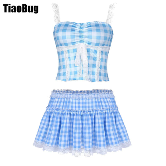 Womens Square Plaid Outfit Lace Shoulder Straps Camisole Neck Sleeveless Crop Top with Lace Trim Ruffled A-Line Mini Skirt