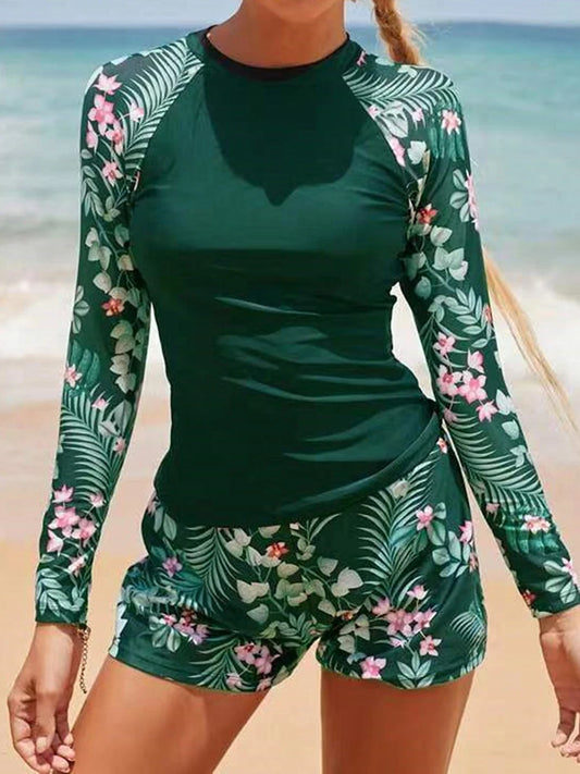 Long Sleeve Surfing Swimsuit Print Swimwear Women Two Pieces Diving Clothes Beachwear Bathing Swimming Swim Suit