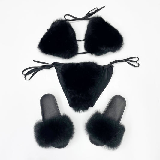 Janefur New Fashion Fancy Fur Bikini Set Luxury Furry Bra And  Fox Slides Slippers For Women