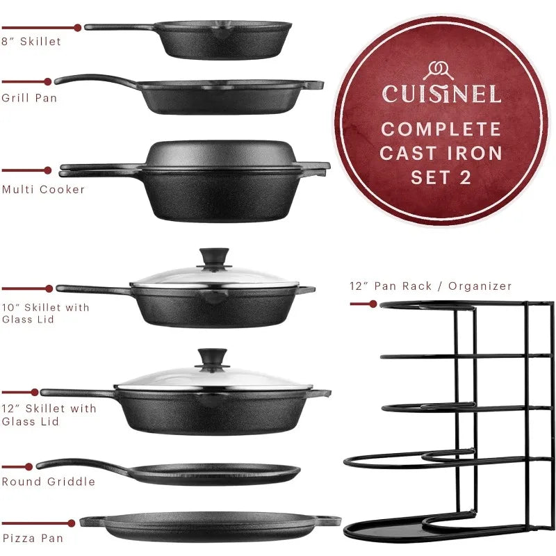 Cast Iron Cookware Set-8" Skillet+10"+12" Skillets with Lid+Grill Pan+Multi-Cooker+Flat Griddle+Pizza Pan+Pan Rack Organizer