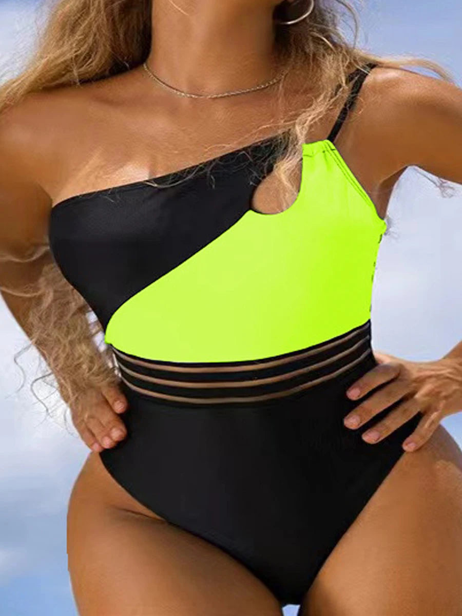 One Shoulder Cut Out Bikini Swimsuit Women Cloth Panel Patchwork Bodysuit Swimwear Female Surfing Sports Bathing Suit Beachwear