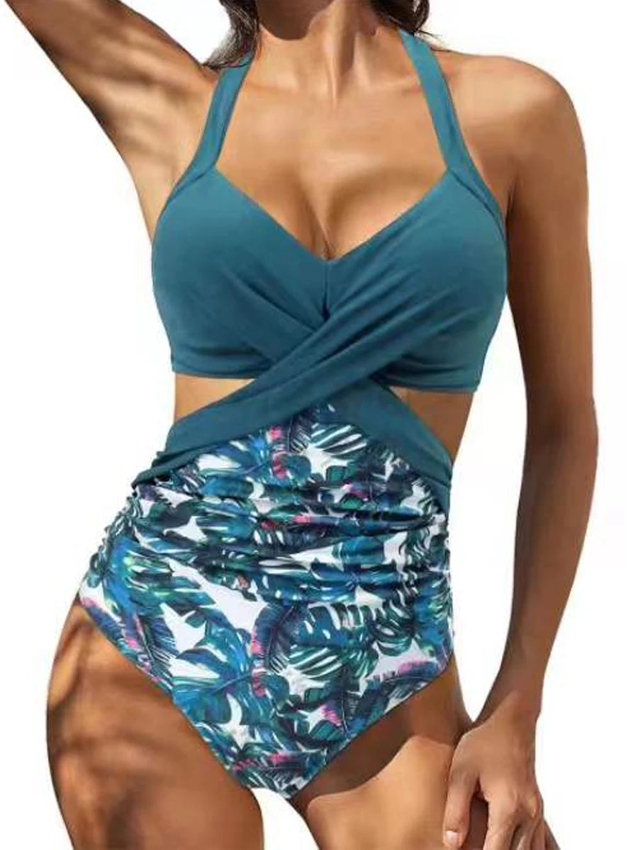 Solid Monokini 2023 Hollow One Piece Swimsuit Back Cross Lace Up Swimwear Women Padded Bathing Suit Printed Beachwear Bodysuit