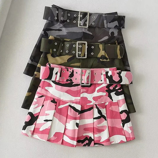 Street Women Pink Camouflage Pleated Mini Skirts Dance School Girls High Waist Belt Camo Pleated Skirt Cosplay A Line Skirts New