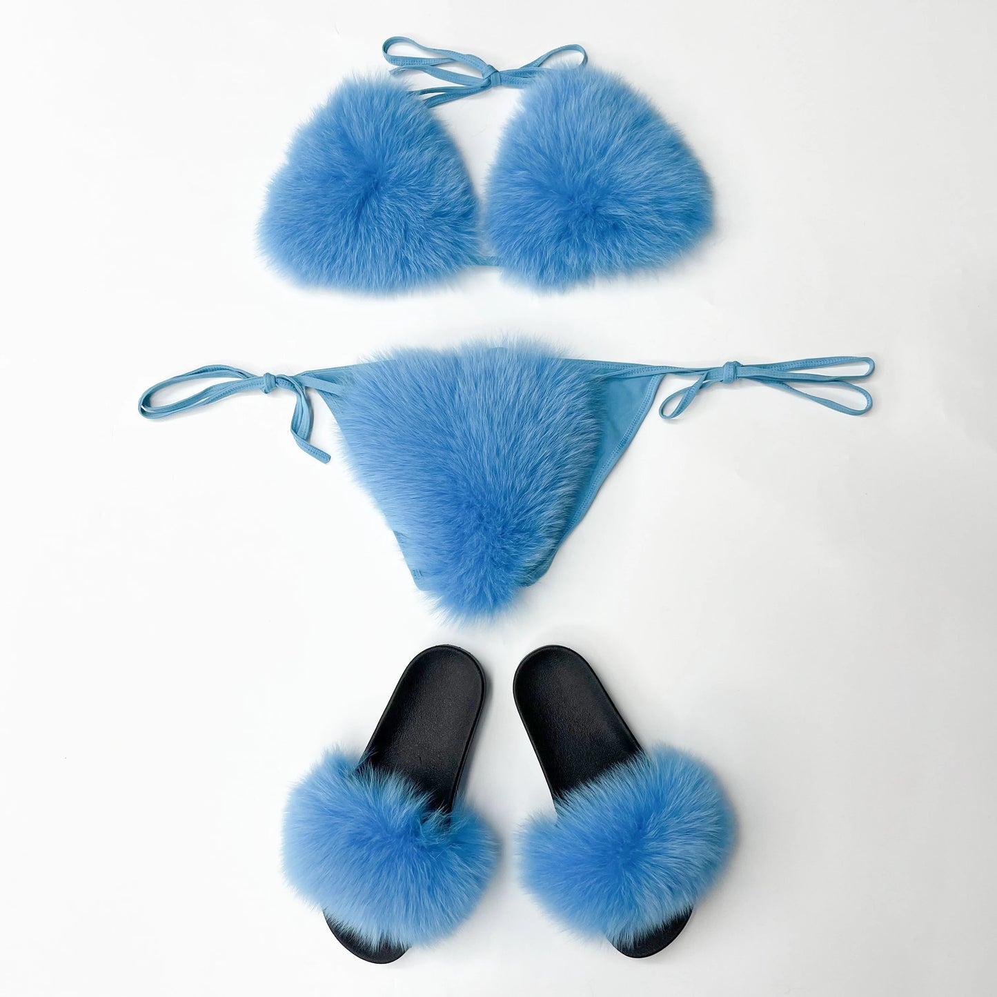 Janefur New Fashion Fancy Fur Bikini Set Luxury Furry Bra And  Fox Slides Slippers For Women