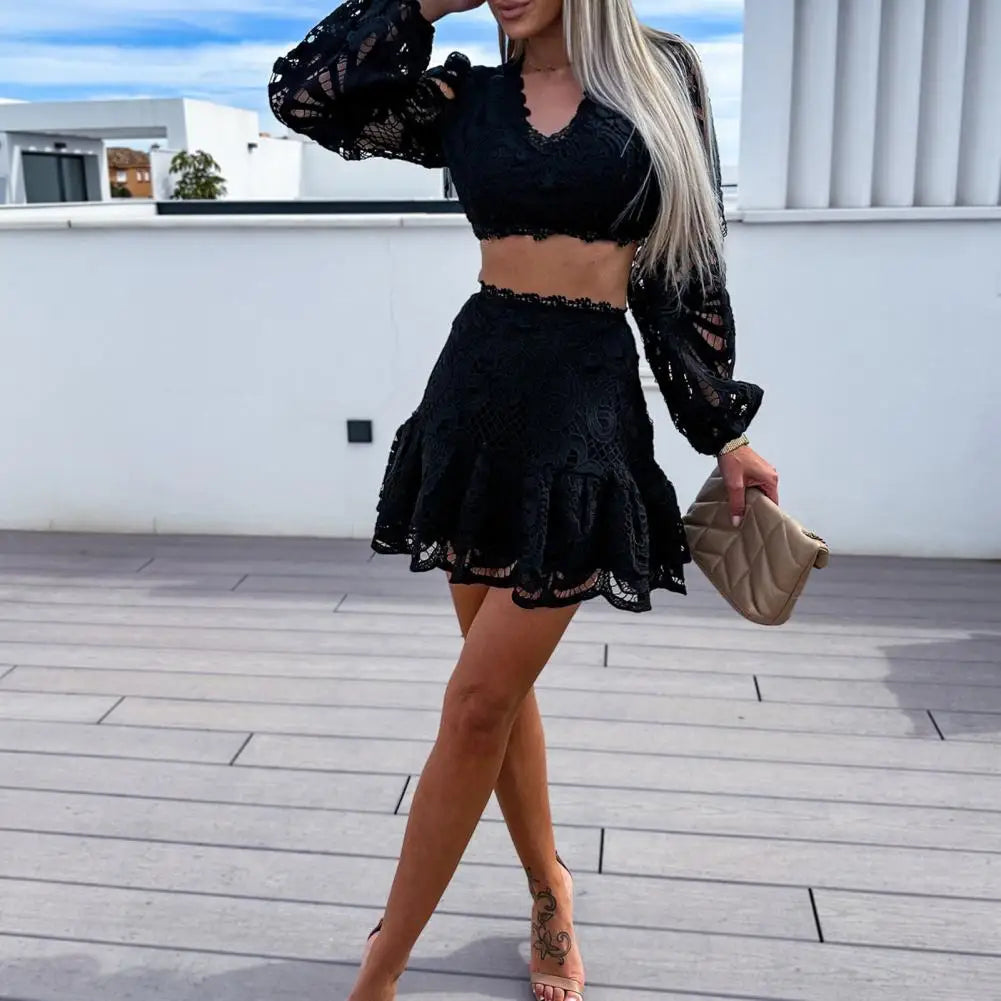 Lace Embroidery Hollow Out Women Suit Elegant V-neck Puff Sleeve Crop Top Ruffles Mini Skirt 2 Piece Sets Summer Ladies Outfit