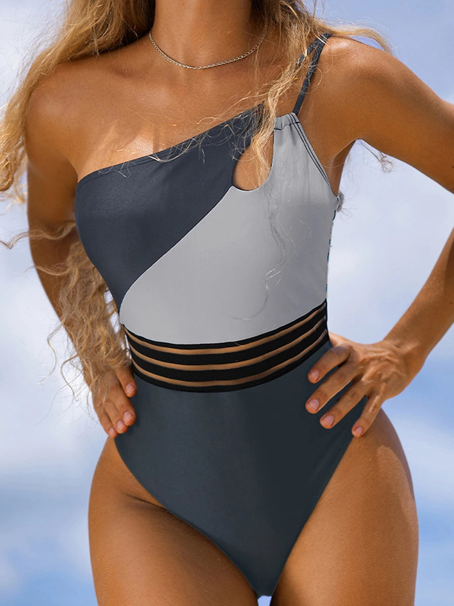 One Shoulder Cut Out Bikini Swimsuit Women Cloth Panel Patchwork Bodysuit Swimwear Female Surfing Sports Bathing Suit Beachwear