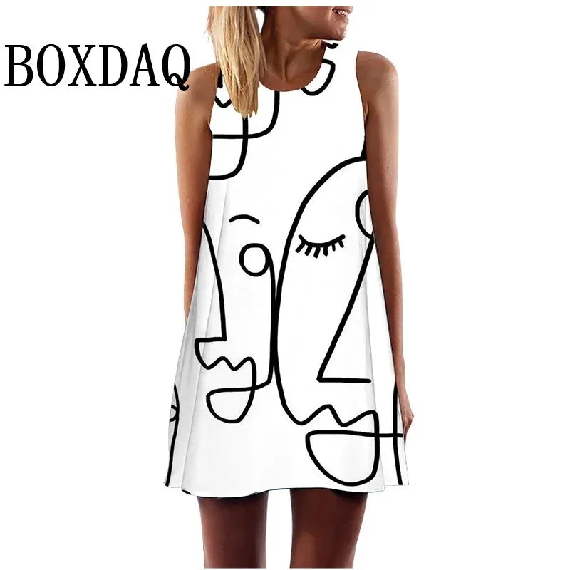 Dress Abstract Face Art Printed O-Neck Sleeveless Mini Dress Casual Loose Sweet A-Line Sundress