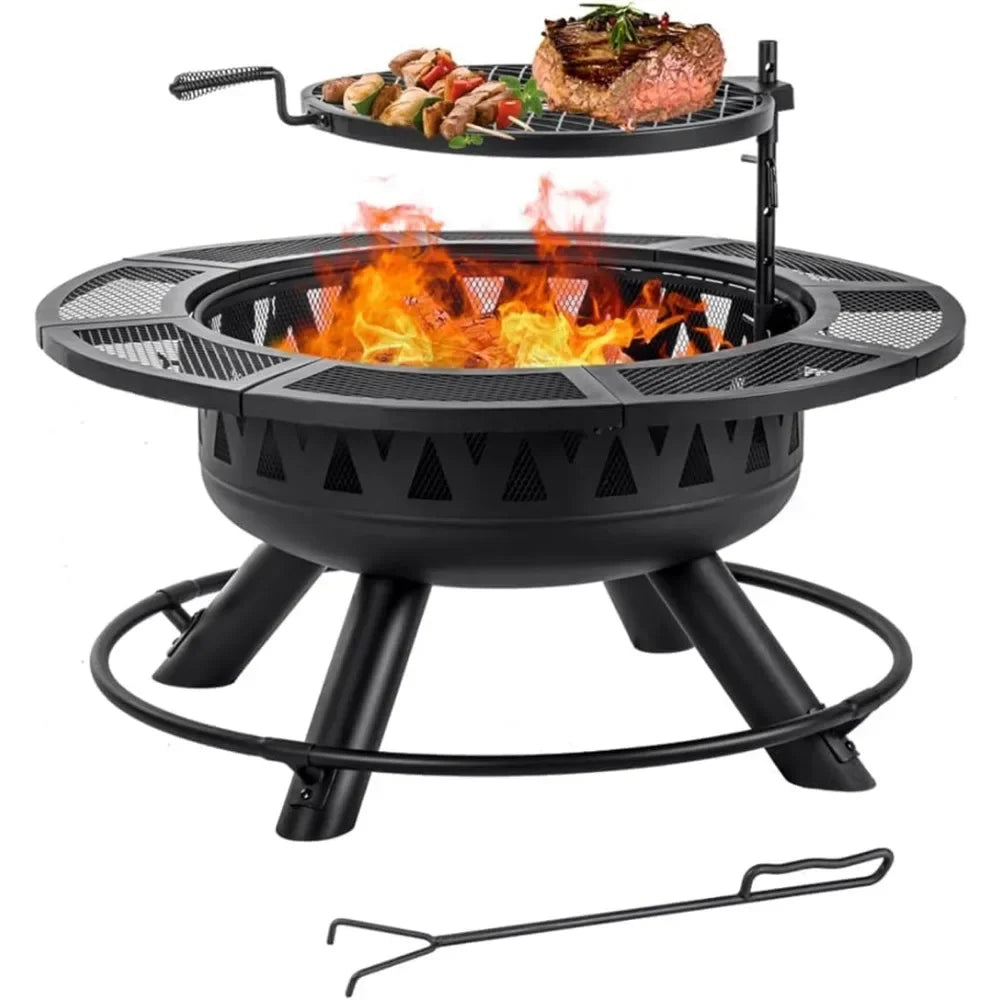 36 Inch Fire Pit with Grill & Lid,Outdoor Metal Wood Burning Fire Pit for Patio,3 in 1 Large Firepit for Backyard Garden Bonfire