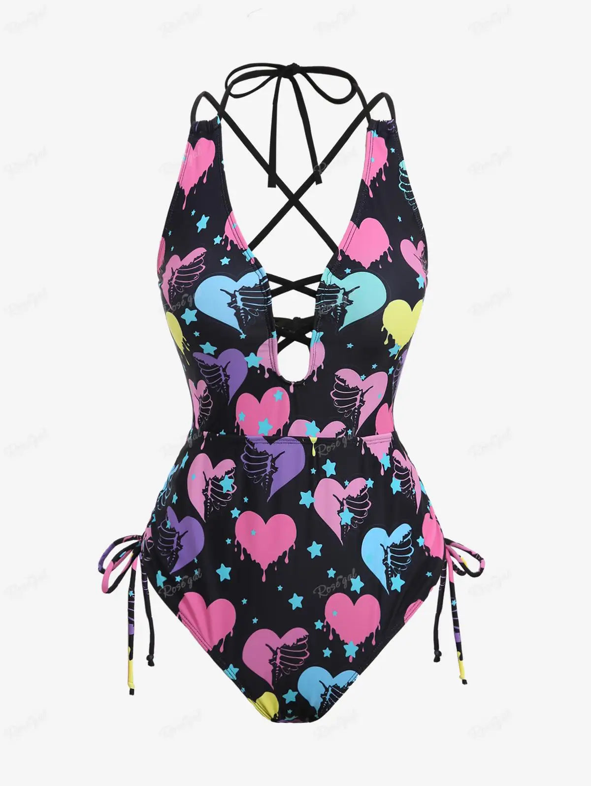 ROSEGAL Plus Size Gothic Women's One-Pieces Swimwears Summer Beachwear Bikinis Backless Hollow Out Halter Swimsuit