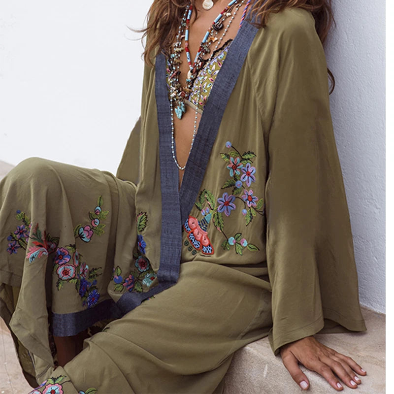 Swimsuit Covers Embroidery Kimono 2024 Bikini Cover Ups Beach Dress Robe Maxi Long Dress Beachwear Sarong Women Loose Cardigan