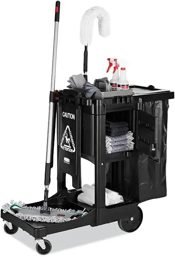 Executive Series Janitorial and Housekeeping Cleaning Cart with Locking Cabinet, Wheeled with Zippered Black Vinyl Bag, Black