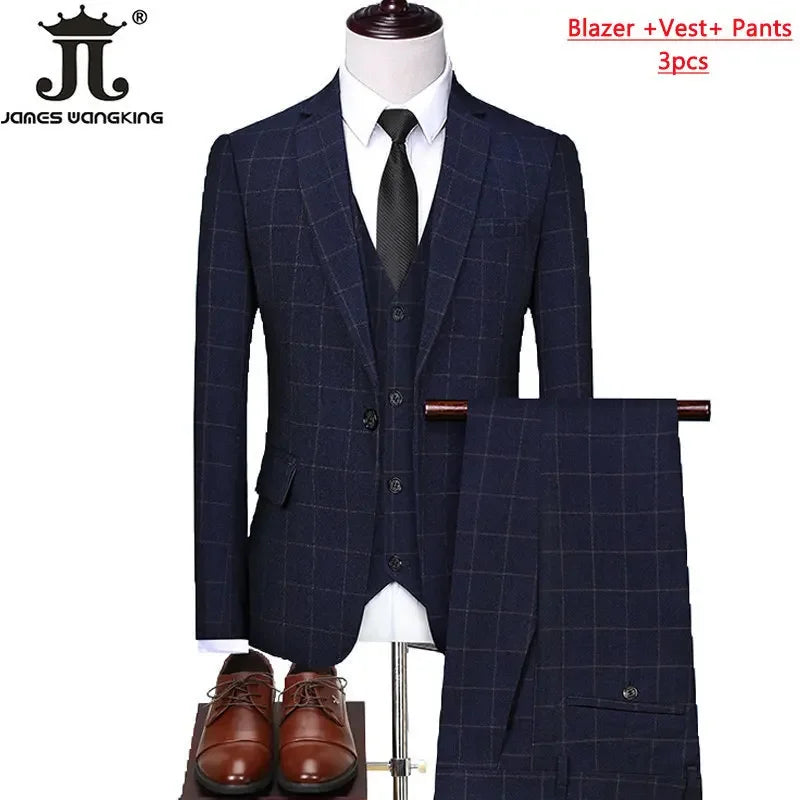 Blazer Vest Pants  Boutique Plaid Men's Formal Groom Wedding Dress Slim Suit 3Pcs or 2Pcs Men's Casual Business Suit Tuxedo