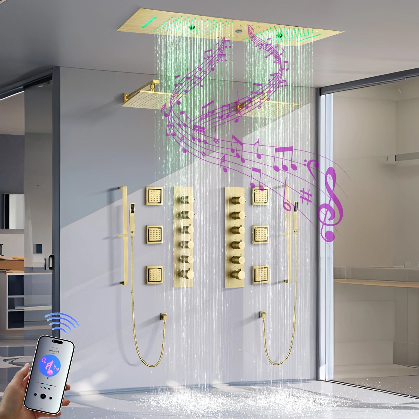 Ceiling Embedded 36*12inch Led Shower Head with Music Speaker Rain Waterfall Mist Bathroom Thermostatic Shower Faucet Set