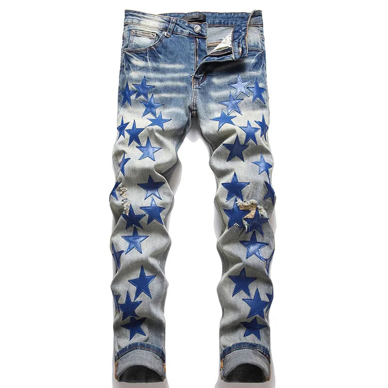 Men High Street Orange Star Embroidery Patch Jeans Men's Slim Fit Full Sky Star Denim Pants Jeans